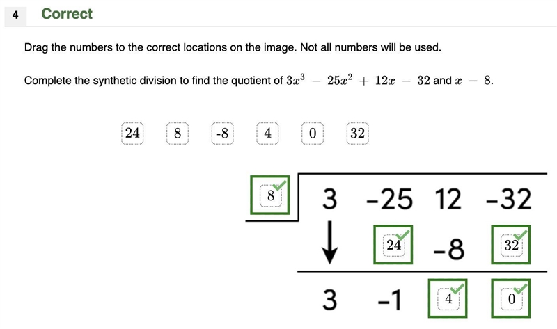 Complete the synthetic division to find the quotient of 3x^3-25x^2+12x-32 and x-8-example-1