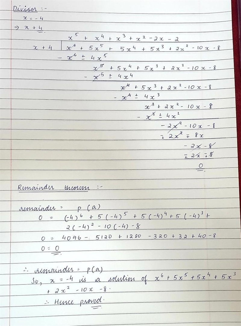 Use the remainder theorem to determine whether x=-4 is a solution of {x}^(6) + {5x-example-1