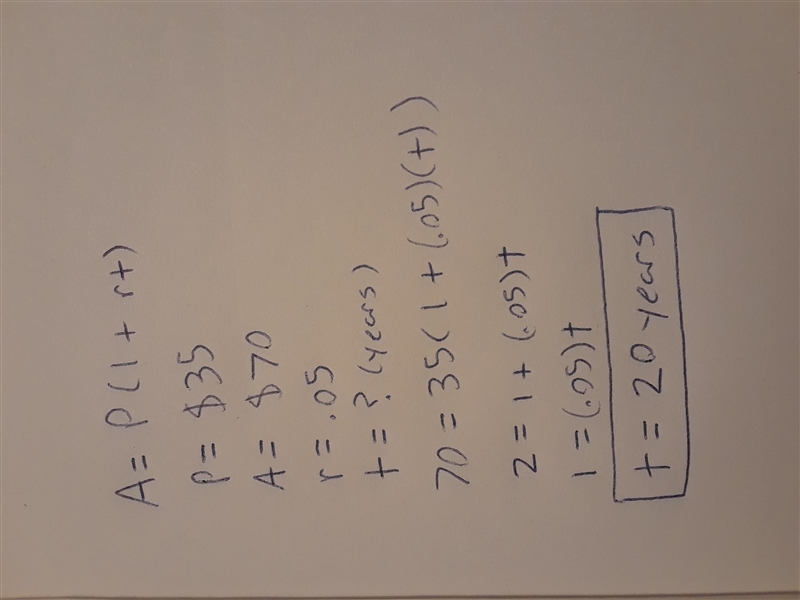 If you put $35 in an account with a 5% simple interest rate, how bng will it take-example-1