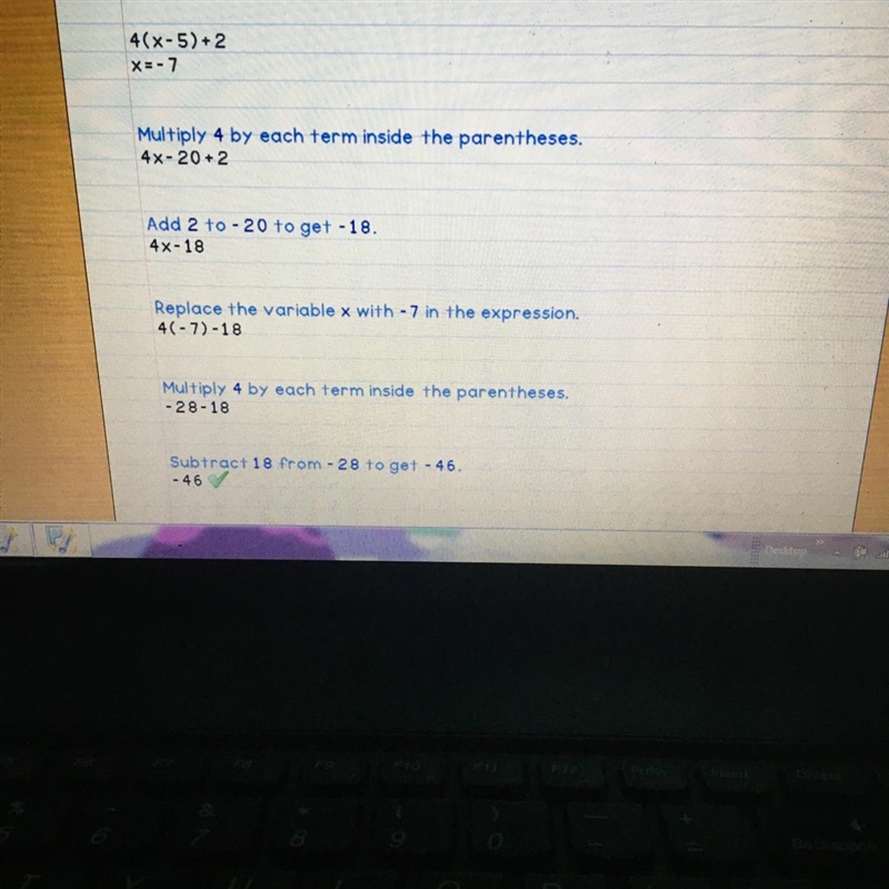 Given X= -7 what is the value of the following expression 4(X-5)+2-example-1