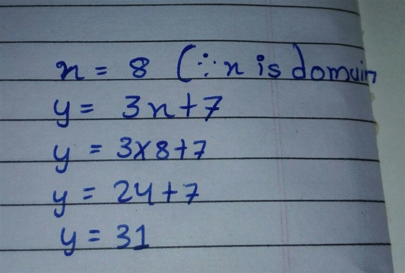 In the equation, y = 3x + 7 what is the range when the domain is 8. 15 45 31 24-example-1