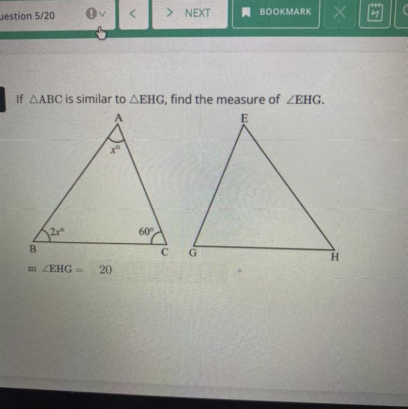 Triangle ABC is similar to triangle EHG , find the measure of angle EHG .-example-1