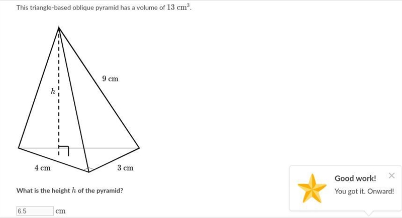 This triangle-based oblique pyramid has a volume of 13 cm 9 cm 4 cm 3 cm What is the-example-1