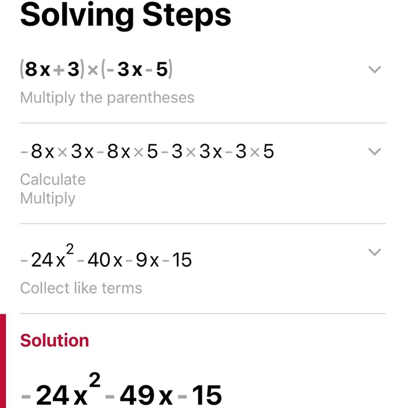 Multiply. (8x+3)(-3x - 5) Simplify your answer.-example-1