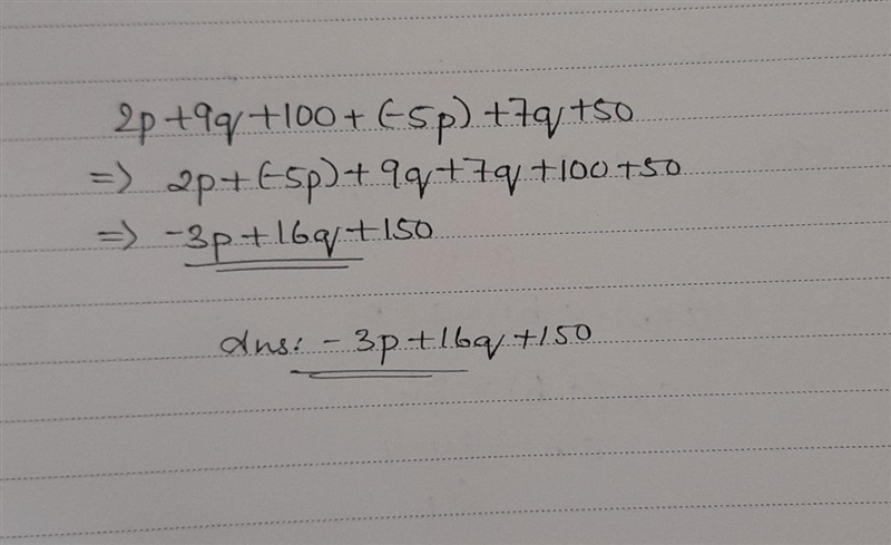 9. An expression is subtracted from 2p+9q + 100 to get –5p + 7q + 50. What is that-example-1