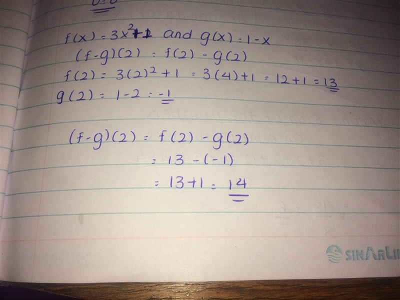 If f(x) = 3x2 + 1 and g(x) = 1 - x, what is the value of (f-9)(2)?​-example-1