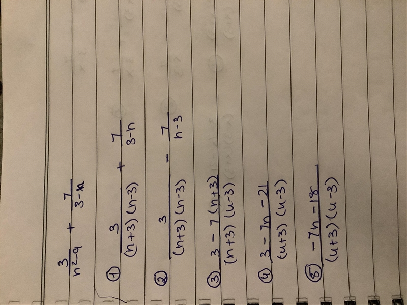 Perform the indicated operation. Be sure the answer is reduced. 3/n^2-9 + 7/3-n =-example-1