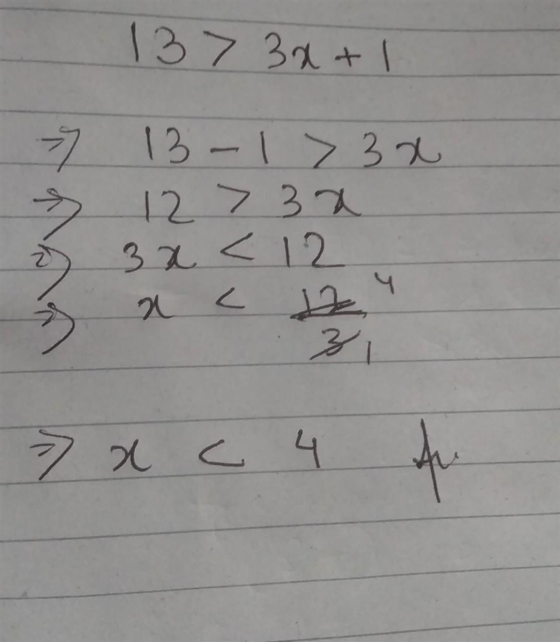 Solve the inequality 13 > 3x + 1-example-1