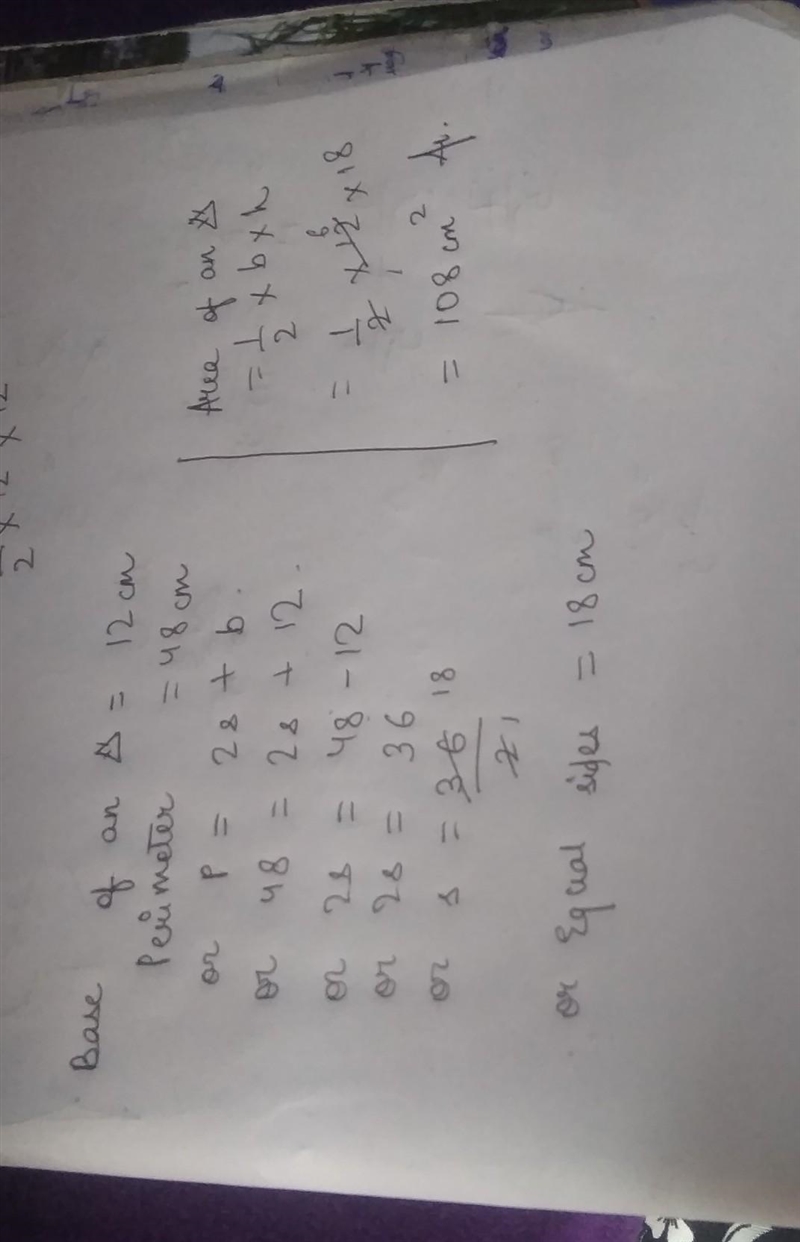 The base of an isosceles triangle is 12 cm and its perimeter is 48 cm find its area-example-1