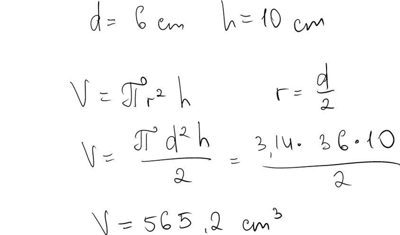 Calculate the volume of a cylinder of diameter 6cm and height 10cm-example-1