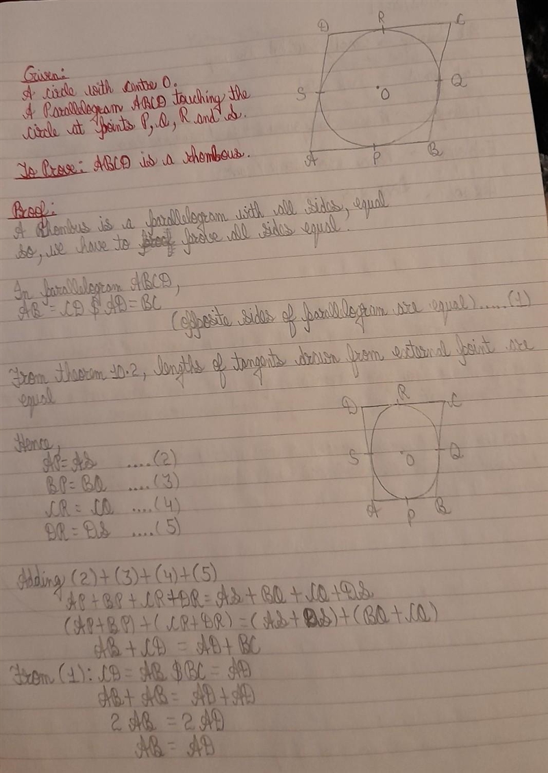 Prove that parallelogram circumscribing a circle is a rhombus​-example-1