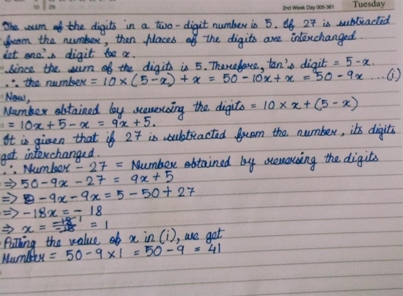 The sum of the digits in a two digit number is 5. If 27 is subtracted from the number-example-1