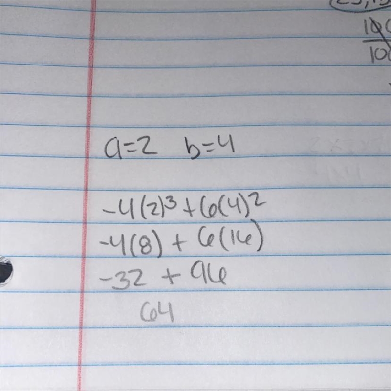 Find the value of -4a³ + 6b² when a = 2 & b = 4​-example-1