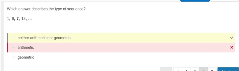 Which answer describes the type of sequence? 1, 6, 7, 13, ... geometric O arithmetic-example-1