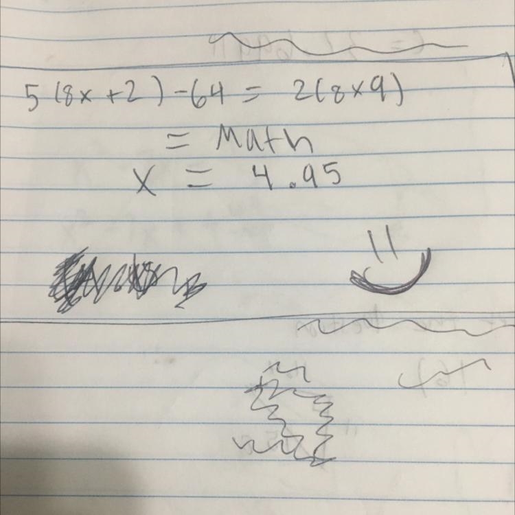 Solve the linear equation 5(8x+2) -64=2(8x9) Find X-example-1