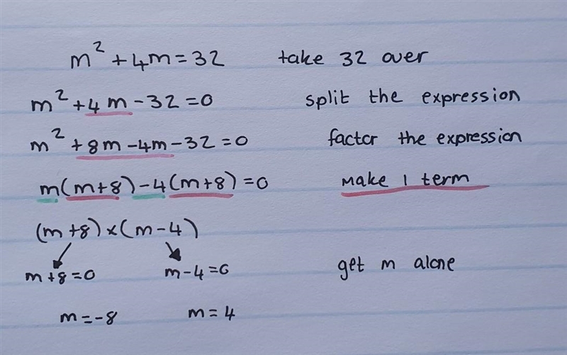 Solve the following quadratic equation m²+4m=32 please help !!​-example-1