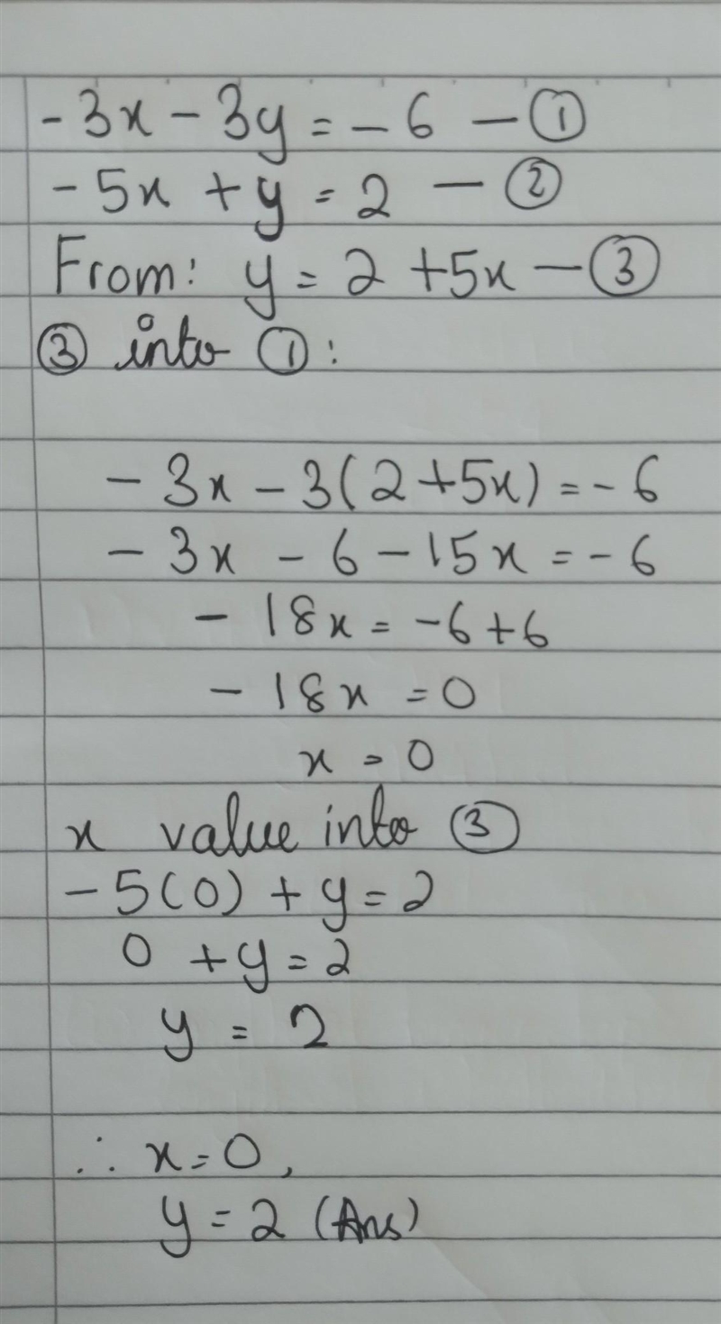 Solve By Substitutution: -3x -3y= -6 -5x + y = 2​-example-1