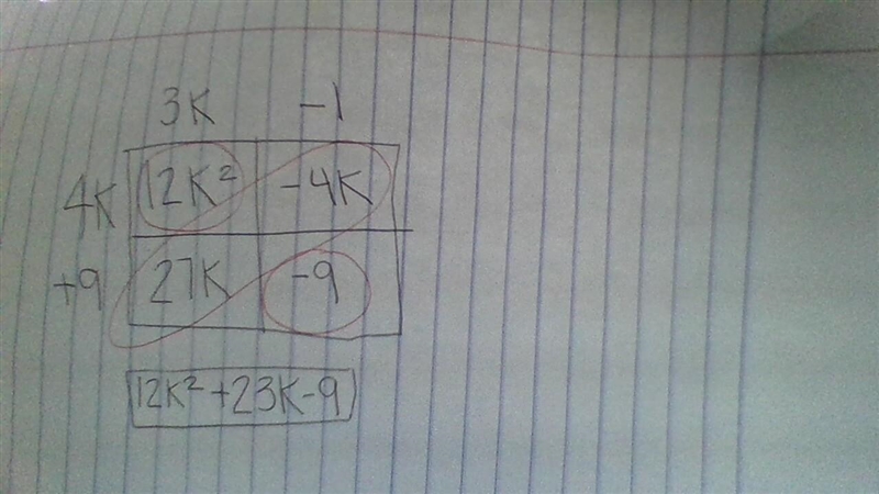 Use a table to find (3k−1)(4k+9).-example-1