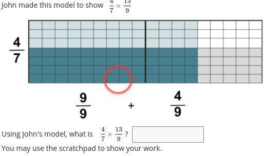 John made this model to show \frac{4}{7}\times\frac{13}{9} 7 4 ​ × 9 13 ​ Using John-example-1