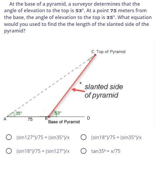 At the base of a pyramid, a surveyor determines that the angle of elevation to the-example-1