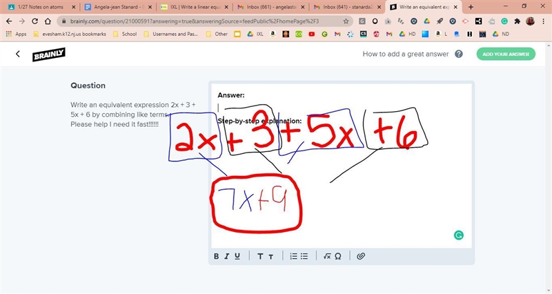 Write an equivalent expression 2x + 3 + 5x + 6 by combining like terms. Please help-example-1