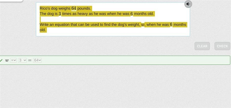 Rico's dog weighs 64 pounds. The dog is 3 times as heavy as he was when he was 6 months-example-1