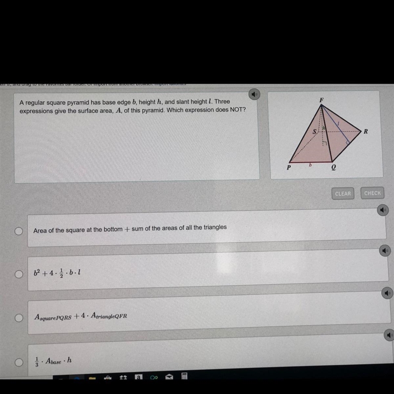 A regular square pyramid has base edge b, height h, and slant height l. Three expressions-example-1