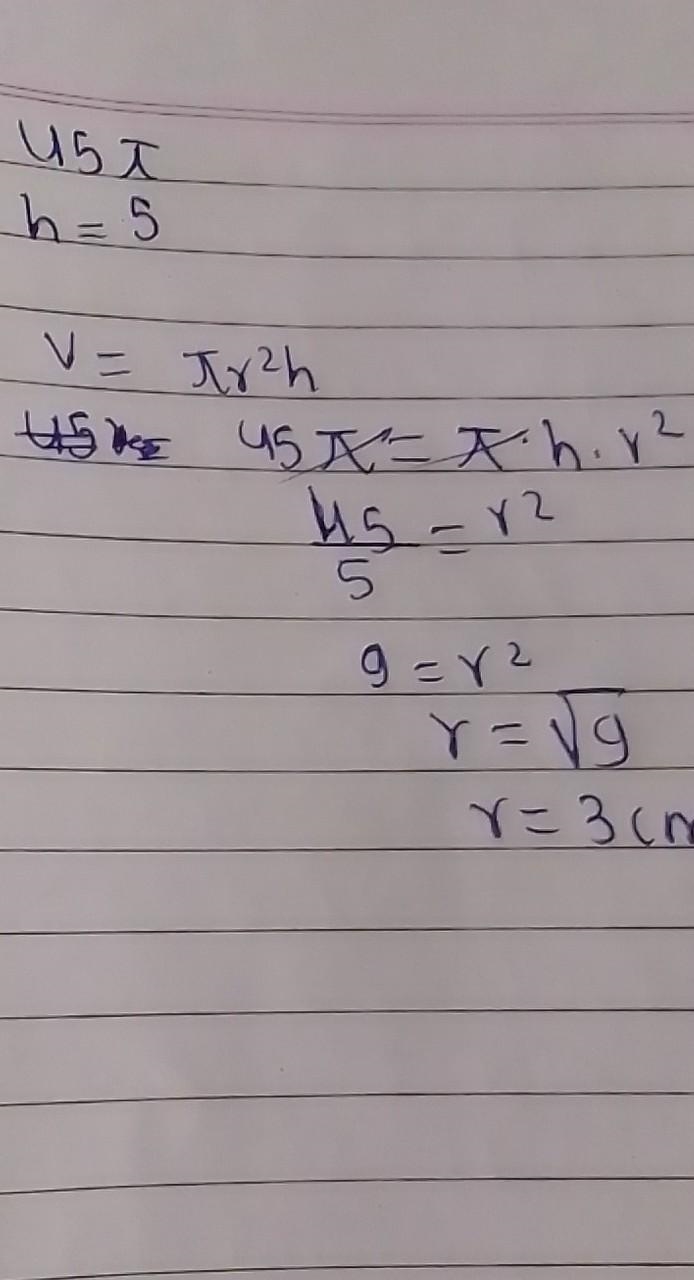 A right circular cylinder has a volume of 45pi. If the height of the cylinder is 5, what-example-1