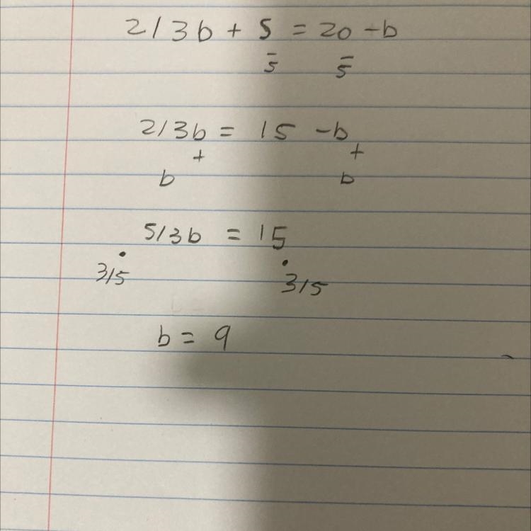 Solve for b. 2/3b + 5 = 20 - b-example-1