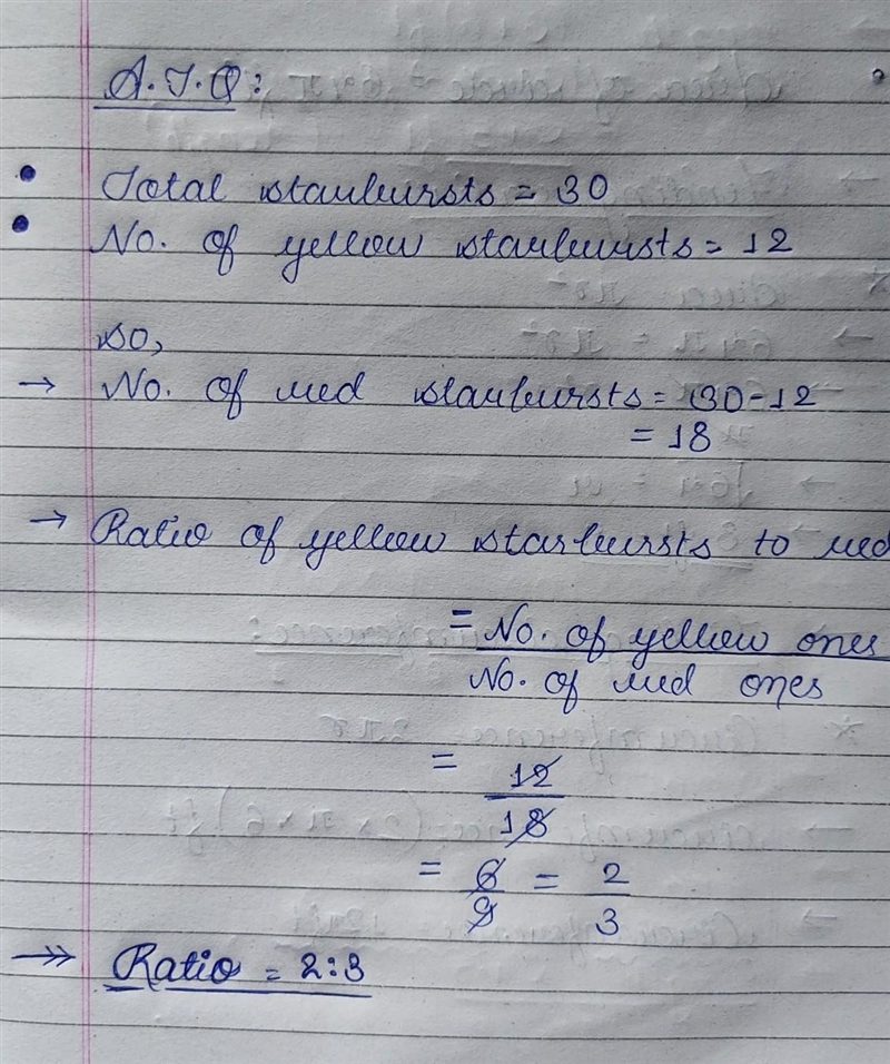 Matthew has 30 Starbursts. Twelve are yellow and the rest are red. What is the ratio-example-1