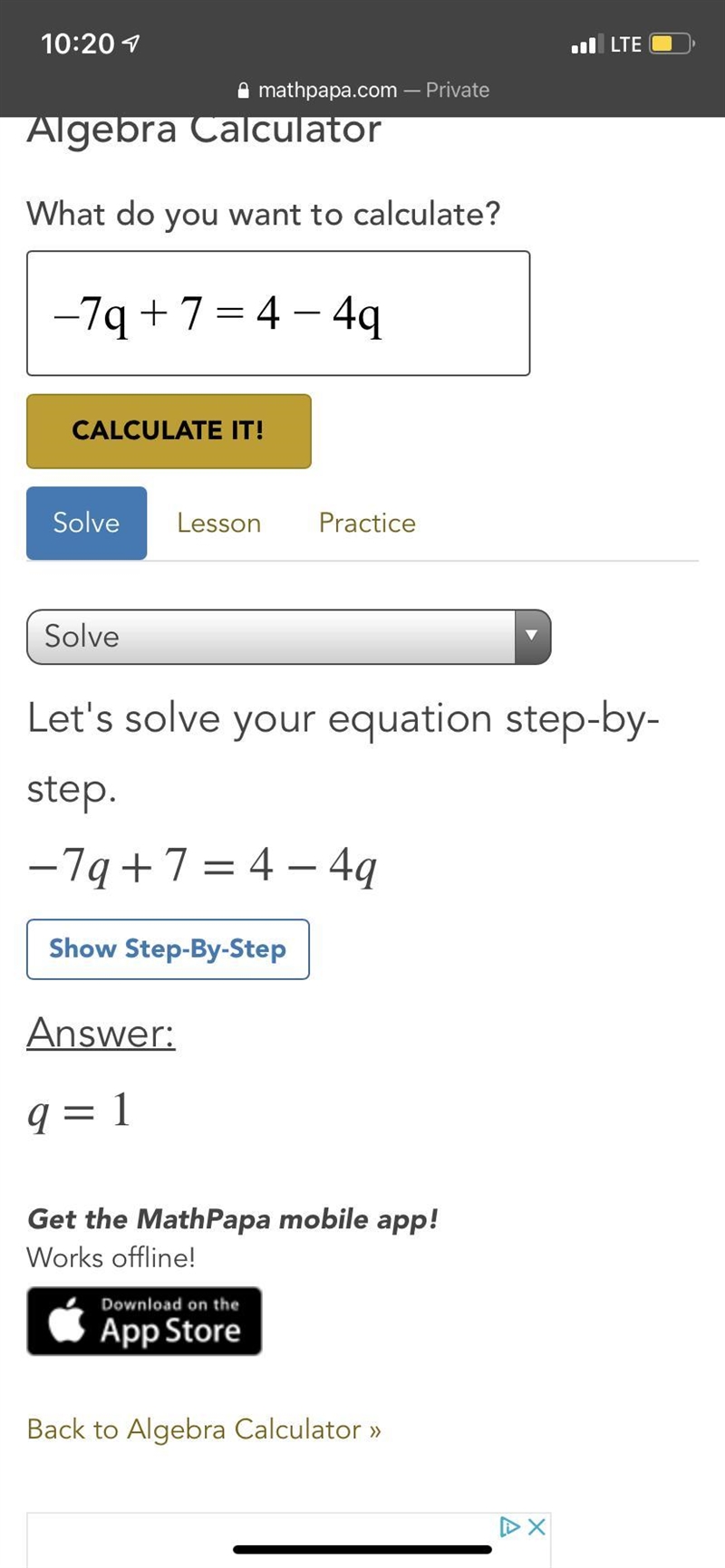 How many solutions does this equation have? –7q + 7 = 4 − 4q - no solution -one solution-example-1