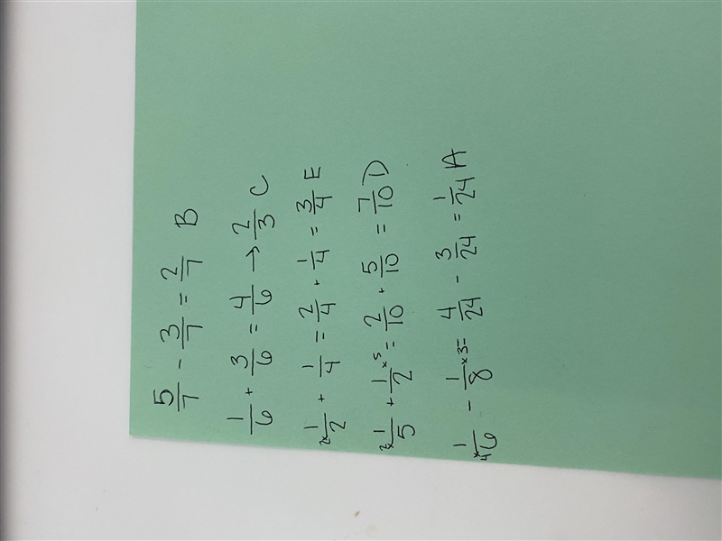 Match the addition and subtraction problems to their solutions: 5 3 A 24 ון 1 3. + 6 6 1 B-example-1