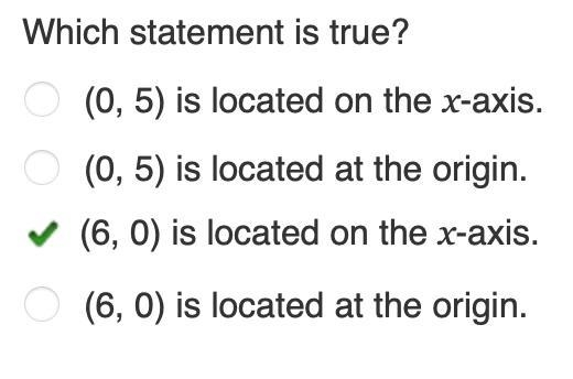 A coordinate plane. Use the coordinate plane to plot the points (6, 0) and (0, 5). Which-example-1