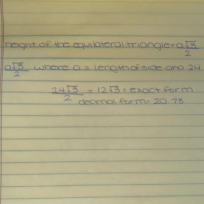 An equilateral triangle has side lengths of 24. What is the height of the triangle-example-1