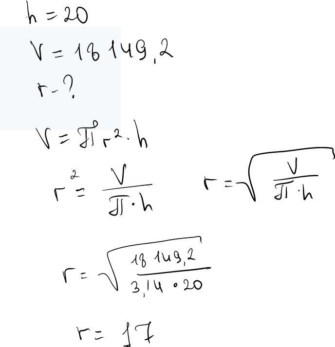 A cylinder has a height of 20 inches. Its volume is 18,149.2 cubic inches. What is-example-1