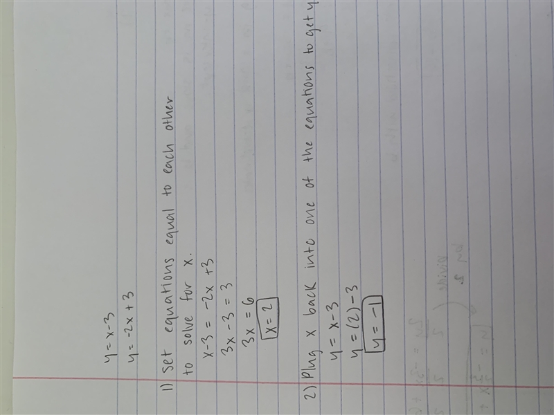 Solve the system y=x-3 y=-2x+3-example-1