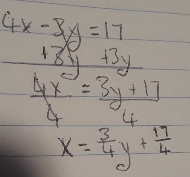 Determine the intercepts of the line. 4x – 3y = 17 y-intercept: (S, O x-intercept-example-2