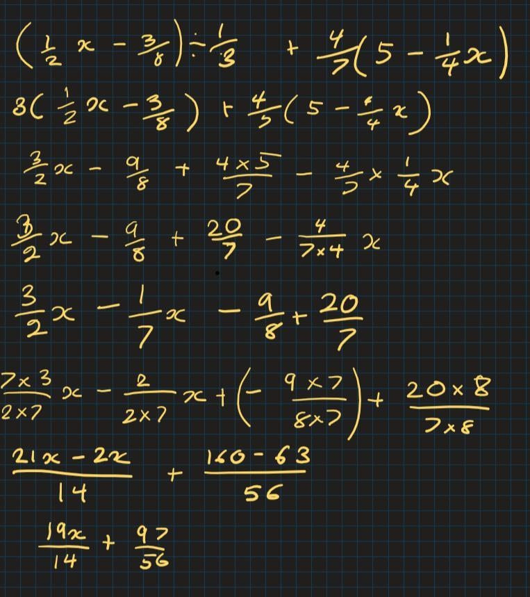 (1/2x-3/8) ÷1/3+4/7(5-1/4x)-example-1