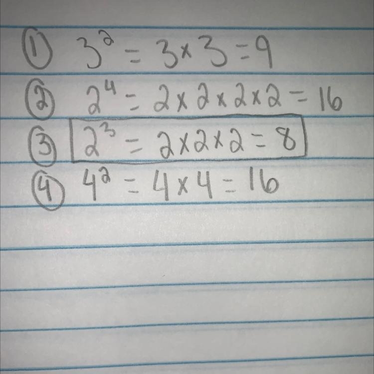 Which of the following is equivalent to 8? 3 to the power of 2 2 to the power of 4 2 to-example-1