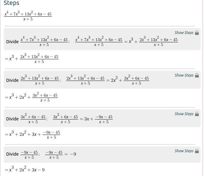 Using long division: x^4+7x^3+13x^2+6x-45 / x+5 Can someone please help Please show-example-1