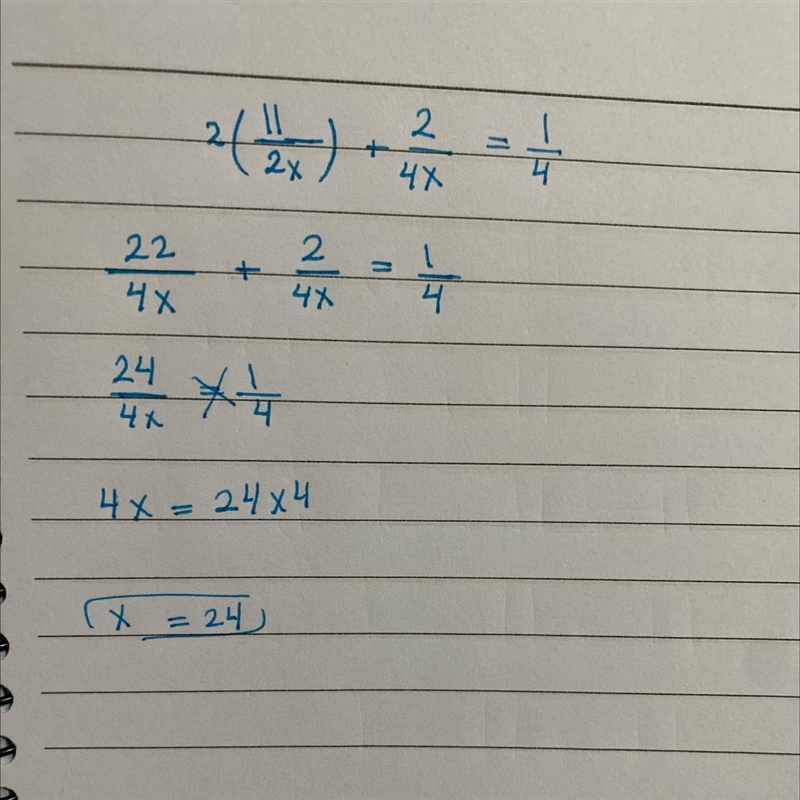 Solve each equation. State any extraneous solutions. 11/2x + 2/4x = 1/4-example-1