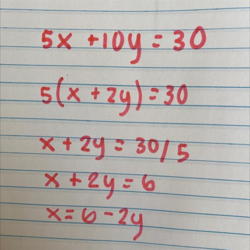 Slove the Equation for Y . show your work￼ 5x+10y=30-example-1