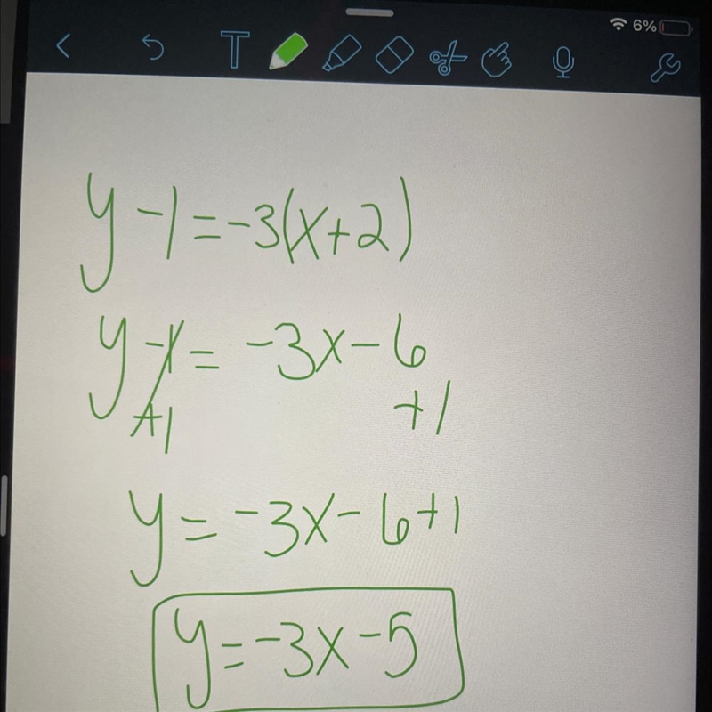 Identify the slope (m) given the equation of the line. y- 1 = -3(x + 2) I need help-example-1