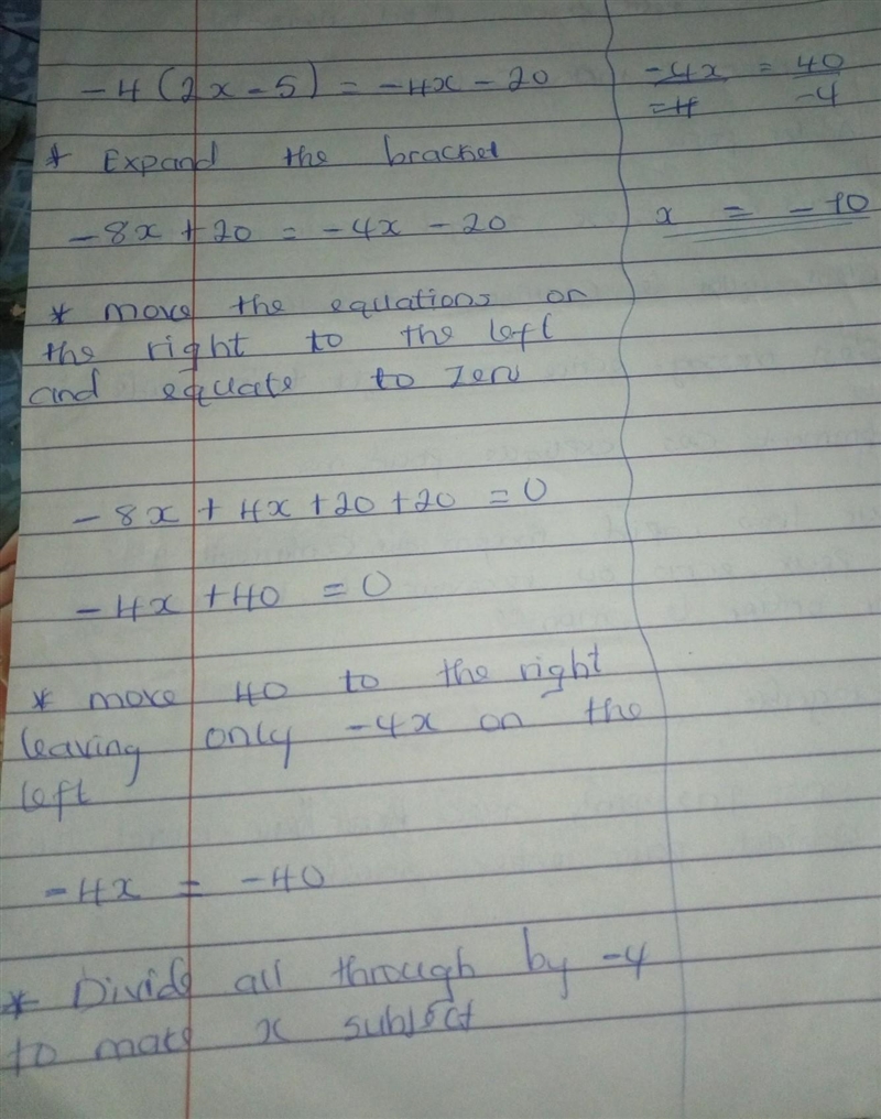 Solve the equation, justifying each step. -4 (2x – 5) = -4x – 20-example-1