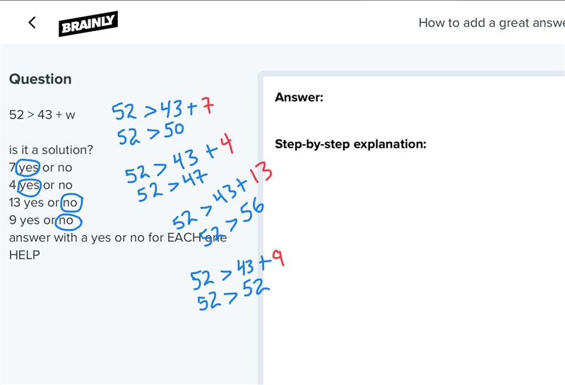 52 > 43 + w is it a solution? 7 yes or no 4 yes or no 13 yes or no 9 yes or no-example-1