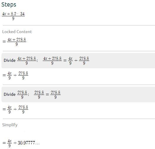 Simplify the equation. 4x+8.2*34/9 * is times / is divided by Please explain how you-example-1