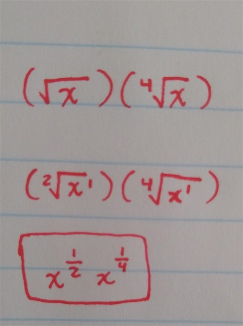 Rewrite in simplest rational exponent form √x · 4√x. Show each step of your process-example-1