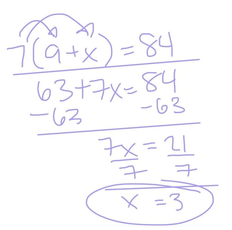 Help me please!!! 7(9+x) =84-example-1