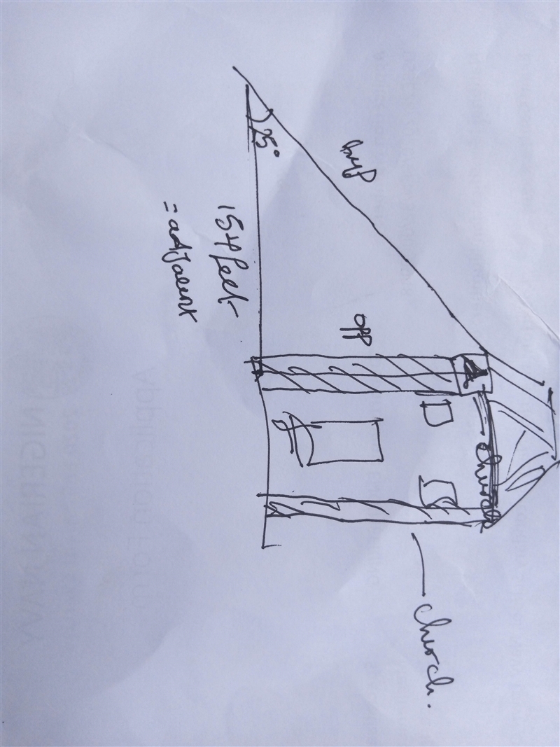 A person standing 154 feet from the base of a church observed the angle of elevation-example-1