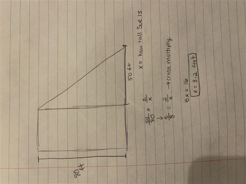 A 80 foot tall building casts an 50 foot shadow, Sue casts a 2 foot shadow at the-example-1